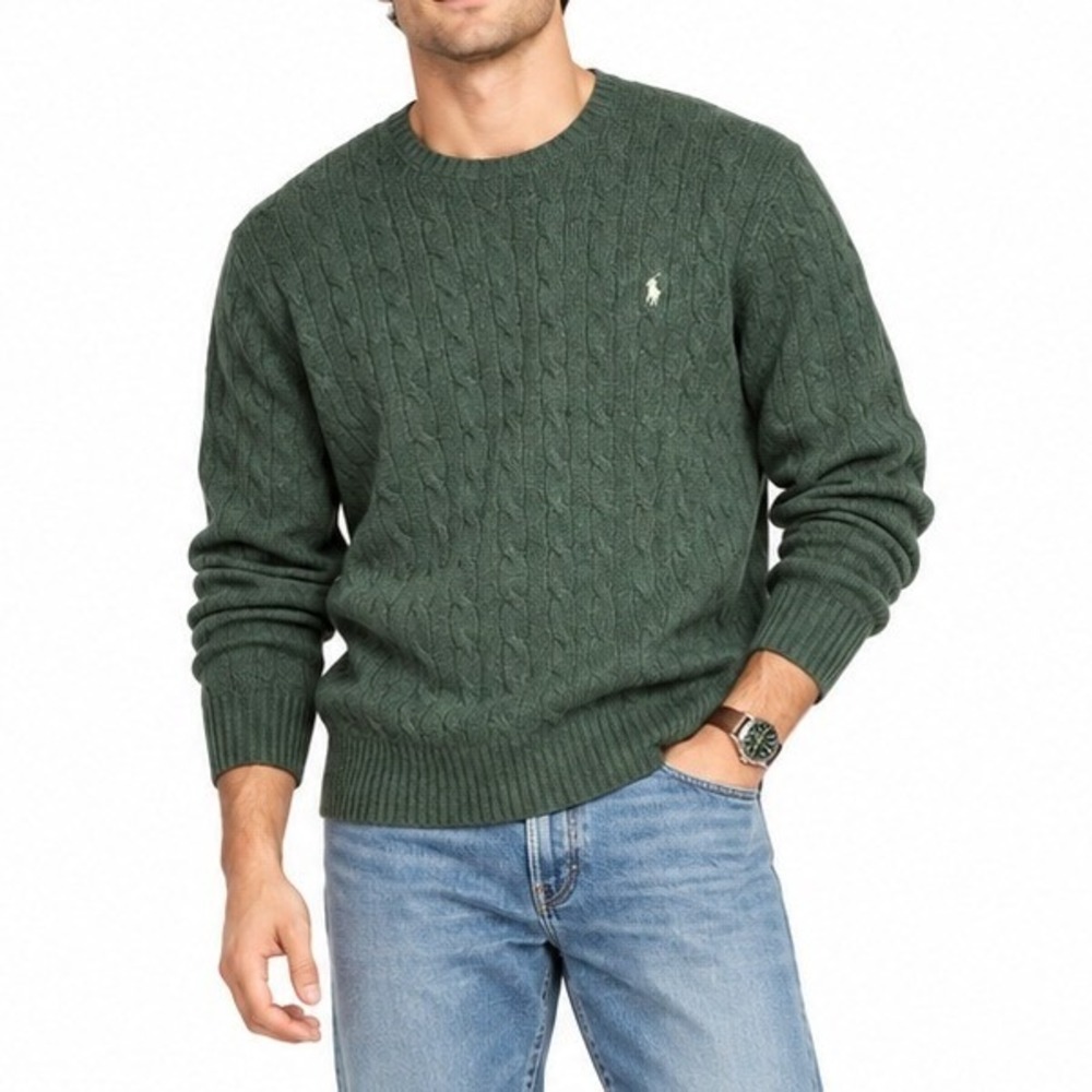 Polo Ralph Lauren Sweater Mens XL Green Cable Knit Wool Cashmere Pony Pullover